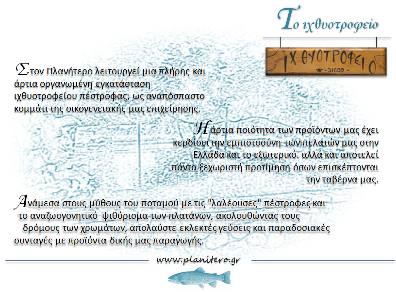 Στον Πλανητέρο λειτουργεί μια πλήρης και οργανωμένη εγκατάσταση ιχθυοτροφείου πέστροφας, ως αναπόσπαστο κομμάτι της οικογενειακής μας επιχείρησης . Η άρτια ποιότητα των προϊόντων μας έχει κερδίσει την εμπιστοσύνη των πελατών μας στην Ελλάδα και το εξωτερικό , αλλά και αποτελεί πάντα ξεχωριστή προτίμηση όσων επισκέπτονται την ταβέρνα μας . Ανάμεσα στους μύθους του Αροανίου ποταμού με τις πέστροφες και το αναζωογονητικό ψιθύρισμα των πλατάνων , απολαύστε εκλεκτές γεύσεις και παραδοσιακές συνταγές